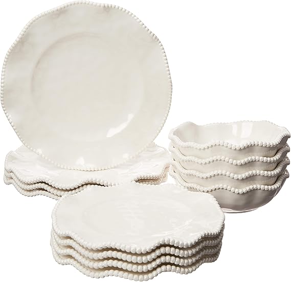 Perlette Off-White Beaded 12-Piece Dinnerware Set Includes 4 Dinner Plates, 4 Salad Plates, 4 Bowls (7.5" x 2", 22 oz) Elegant Unbreakable Melamine, Heavyweight, Perfect for Indoor/Outdoor Dining