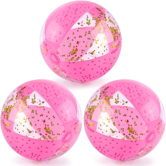 POPLAY 16 Inch Glitter Beach Ball, 3 Pcs, Pink | Pool Toys with Confetti Sparkling Balls, Kids Toddlers Adults Summer Pool Party Favors