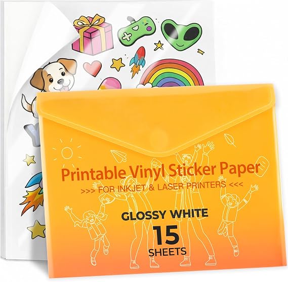 JANDJPACKAGING Printable Vinyl Sticker Paper - Waterproof Printable Vinyl for Laser & Inkjet Printer 15 Self-Adhesive Sheets - Glossy White - Standard Letter Size 8.5"x11"