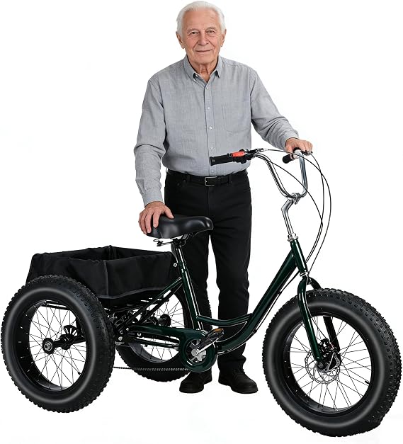 20 Inch Adult 3 Wheel Bicycle-7 Speed Snow Tire Fat Tire Bicycle with Dual Disc Brakes, with Rear Cargo Basket, Adjustable Handlebars, Shock Absorbing Seat, Suitable for Adults