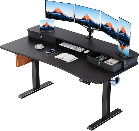 HUANUO 60 x 30 Electric Standing Desk with 2 Drawers, C-Clamp Mount Compatible, Height Adjustable Computer Desk, Home Office Stand Up Desk with 4 Preset Heights & 2 Hooks, Black