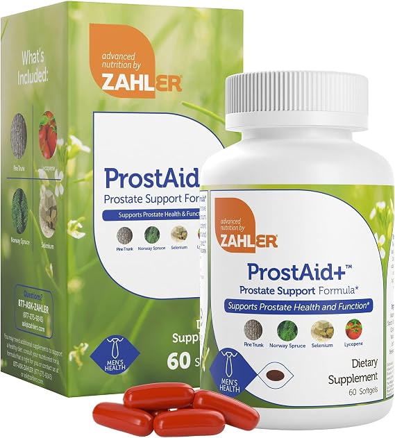 Zahler ProstAid+ Prostate Supplements for Men with Lycopene & Norway Spruce for Urine Flow, Prostate Support - Made in USA, Kosher - Prostate Health Supplements for Men (60 Vegetarian Softgels)