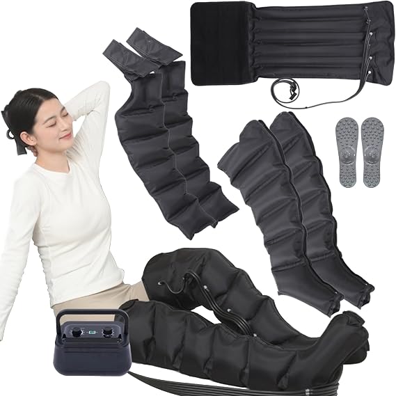 Legs Recovery System Lymphatic Drainage Massager, Dynamic Compression Massage Electric Air Compression Leg Massager Machine for Pain and Circulation, 6-Cavity | Timing Func | 0~250mmHg Kpα (Black