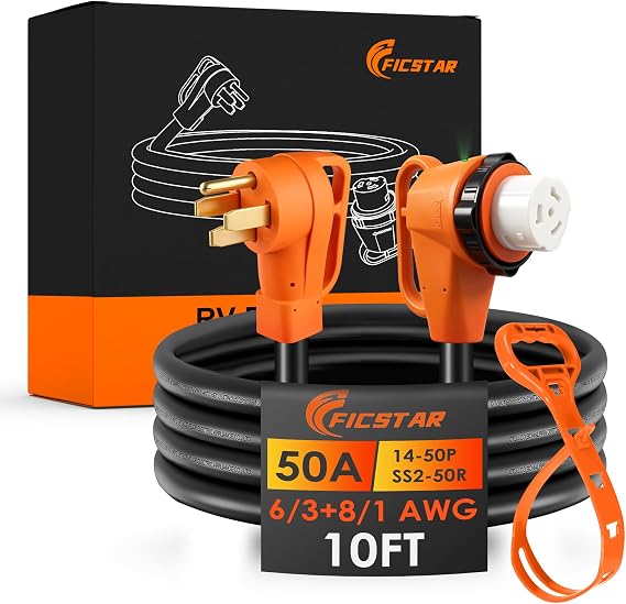 50 Amp RV Extension Cord 10 ft, Heavy Duty 6/3+8/1 SJTW AWG RV Power Cord with Grip Handle Twist Lock, NEMA 14-50P to SS2-50R with Power Indicator and Cord Organizer, UL Listed