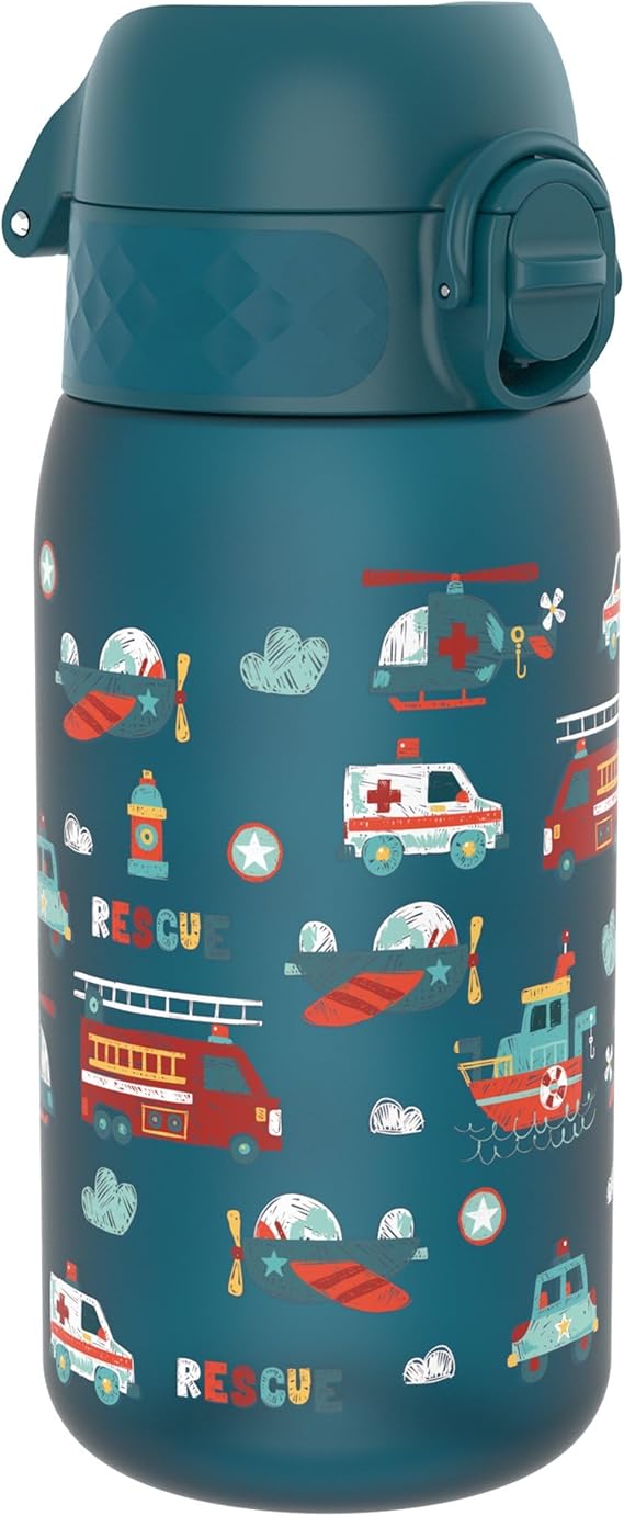 Ion8 Small Water Bottle, Leak Proof, Easy to Open, Secure Lock, Dishwasher Safe, Flip Cover, Carry Handle, Easy Clean, Durable, Water Bottle, Raised Print, Teal, Rescue Vehicles