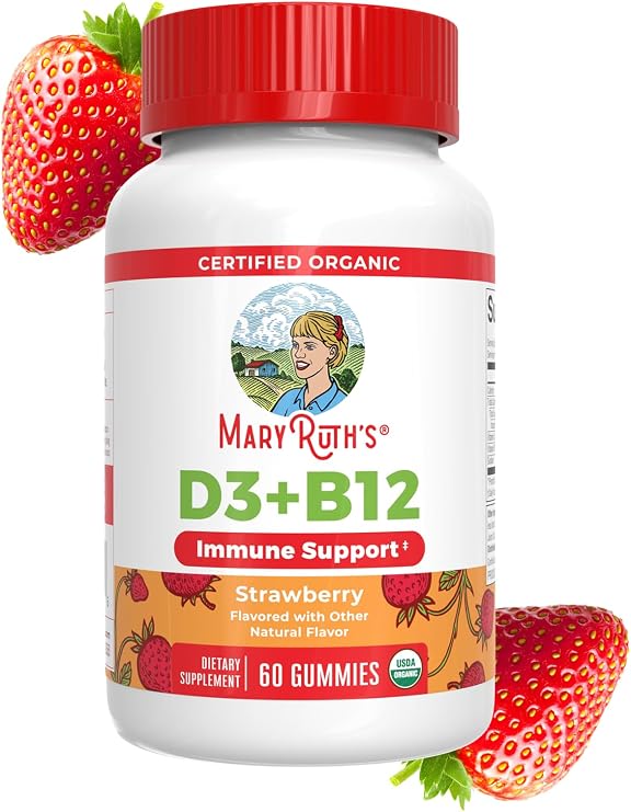 MARYRUTH'S Organic Vitamin D3 + B12 Gummies for Ages 4+, 60 Servings, Vegan