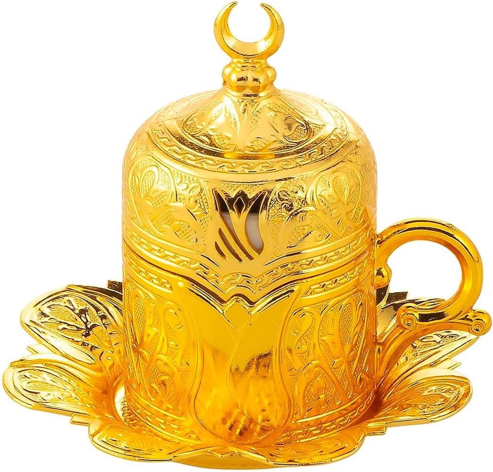 DEMMEX Turkish Greek Arabic Coffee Cup – 2.5oz Porcelain Cup, Heavy-Duty Zamak Metal Holder, Lid & Saucer, Tulip Engraved Fincan, Ottoman-Style, Authentic Gift for Espresso & Coffee Lovers