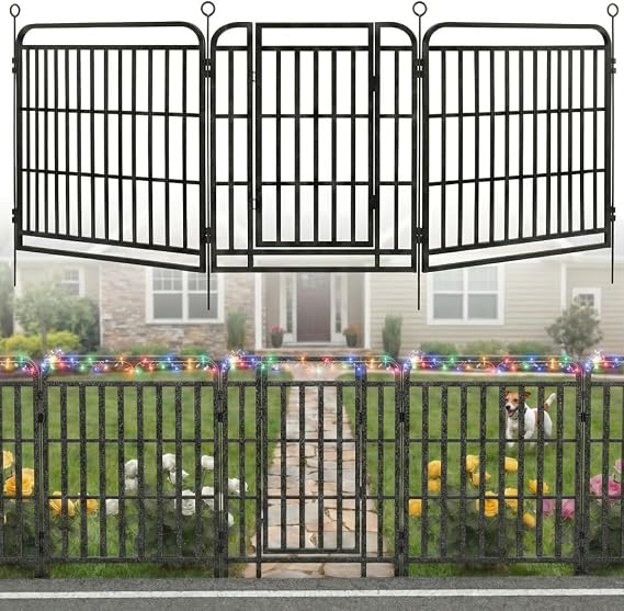 Kfvigoho Garden Fence with Solar String Lights for Yard 40in(H) x 36ft(L) Heavy Duty Metal No Dig Animal Barrier Panels for Dog Decorative Pet Fence Outdoor with Gate, 16 Panels, Black