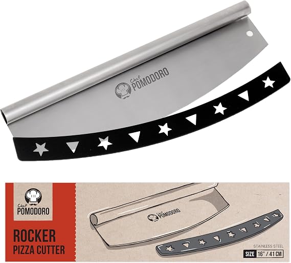 Chef Pomodoro 16 Inch Pizza Cutter Rocker Blade Stainless Steel Rocking Pizza Cutter Knife with Cover Professional Pizza Slicer Large Pizza Rocker Knife for Big Pizzas and Flatbreads