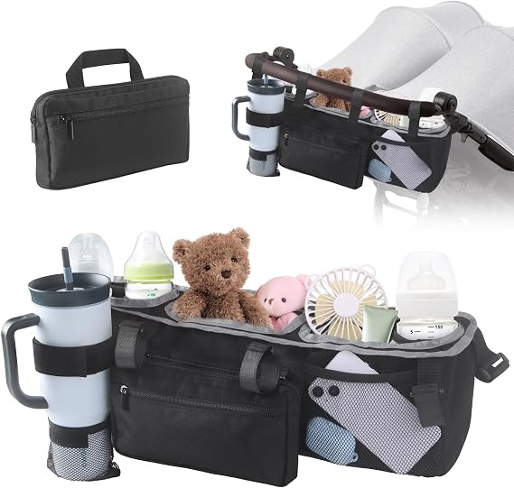 Double Stroller Organizer Bag for Bob Baby Jogger City Mini GT2 Jeep Stroller, Universal Stroller Caddy Accessories with Cup Holder, Cooler Pockets, Detachable Bag, Black(Only Bag)