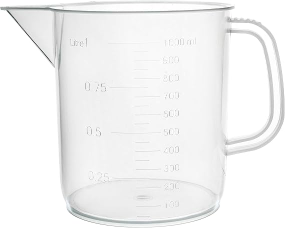 EISCO Plastic Pitcher, 1000mL (1L) - Short Form, Euro Design - Molded Graduations - Chemical Resistant & Autoclavable Polypropylene - Measuring Jug