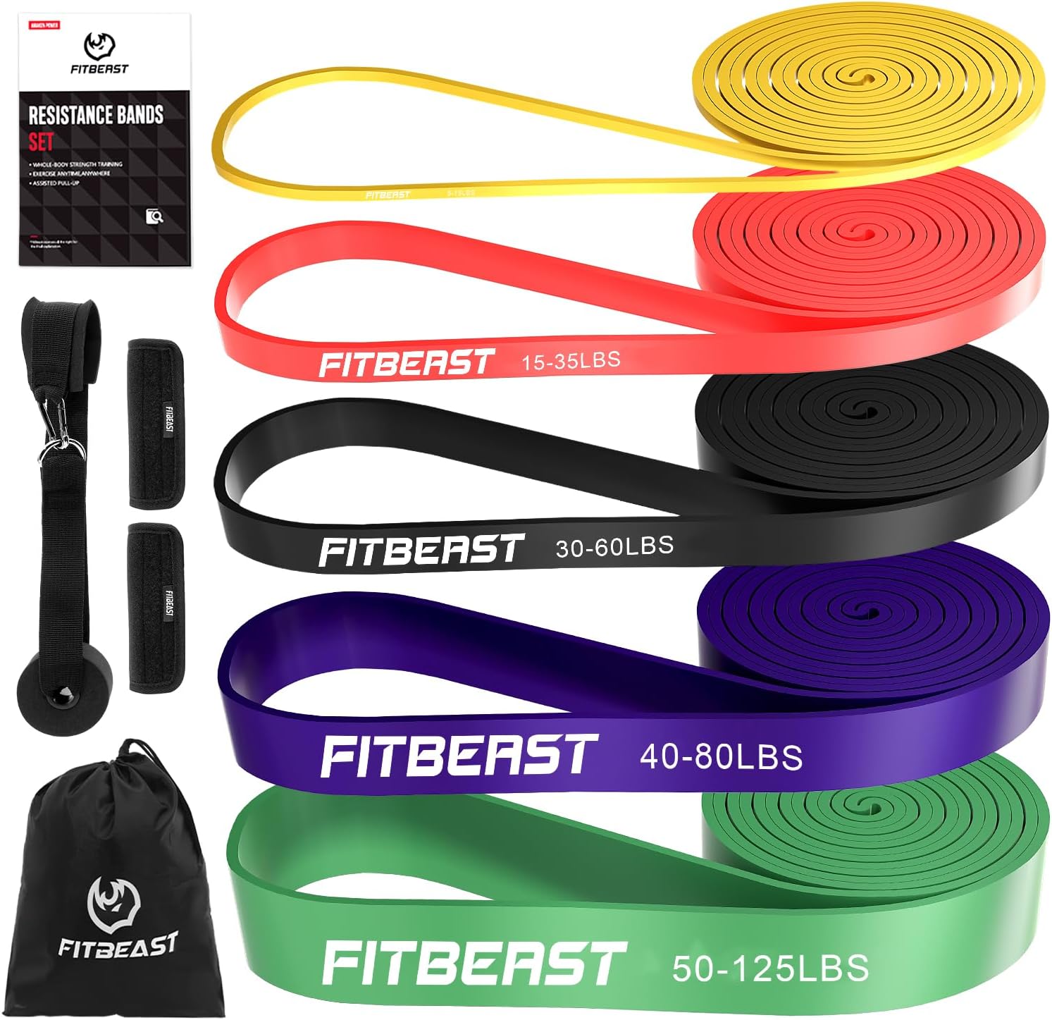 FitBeast Resistance Band Set, 5 Different Levels, Pull-Up Band with Door Buckle and Grip Pads, Ideal for Pilates, Training, Physiotherapy, Stretching, Yoga, Home Gymnastics for Men and Women