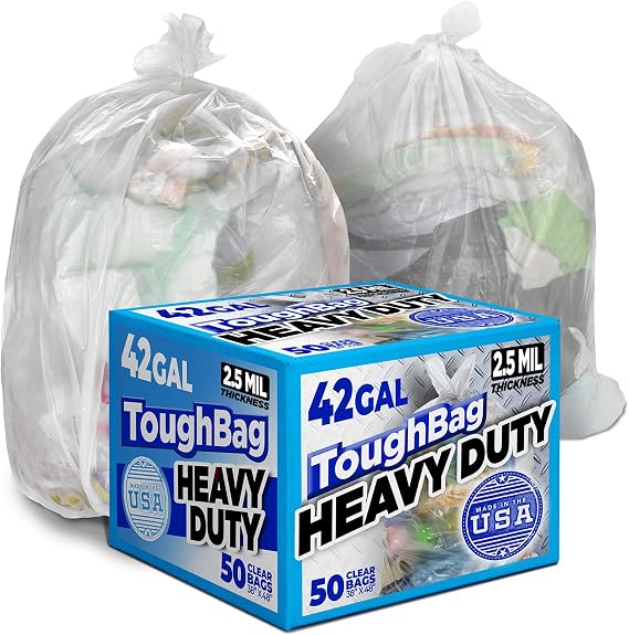 42 Gallon Trash Bags, 3 Mil Contractor Bags, Large Trash Can Liners, 33 x 48", For Large Trash Cans - For Outdoor, Lawn, Custodian, Landscape, Leaf, Recycling - Made in USA - (CLEAR, 50 COUNT)