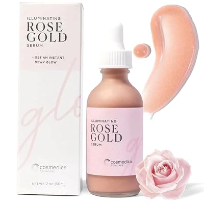Illuminating Rose Gold Facial Serum Elixir with hydrating Aloe and Hyaluronic Acid for a light highlighting Primer - Natural makeup or no makeup look with dewy finish 2 oz.