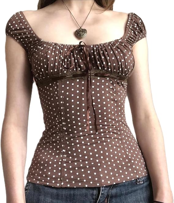 Women Fairy Grunge Shirt Summer Cap Sleeve Lace Up Polka Dot Milkmaid Tops Vinatge E-Girls Aesthetic Clothes