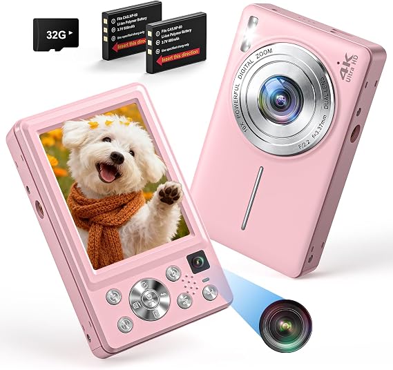4K Digital Camera 64MP Auto Focus Dual Camera Photo Camera with 32GB Card 16X Digital Zoom Compact Camera Digital Camera with 2 Batteries for Teenagers Beginners