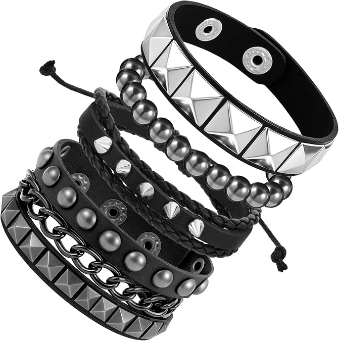 4 Pcs Studded Bracelets, Spiked Leather Punk Rock Cuff Bracelet Adjustable Goth Bracelets for Men Women 80s Emo Accessories Gothic Jewelry