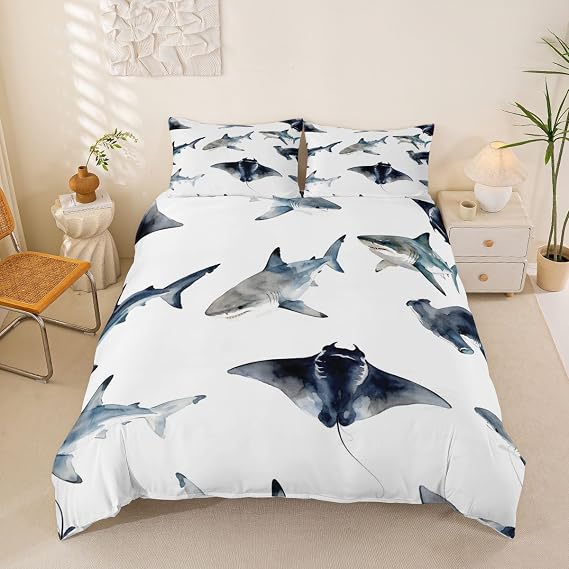 Feelyou Shark Comforter Cover Set Marine Life Ocean Theme Bedding Set for Kids Boys 3D Shark Print Duvet Cover Sea Animal Pattern Bedspread Cover Bedroom Collection 2Pcs Twin Size