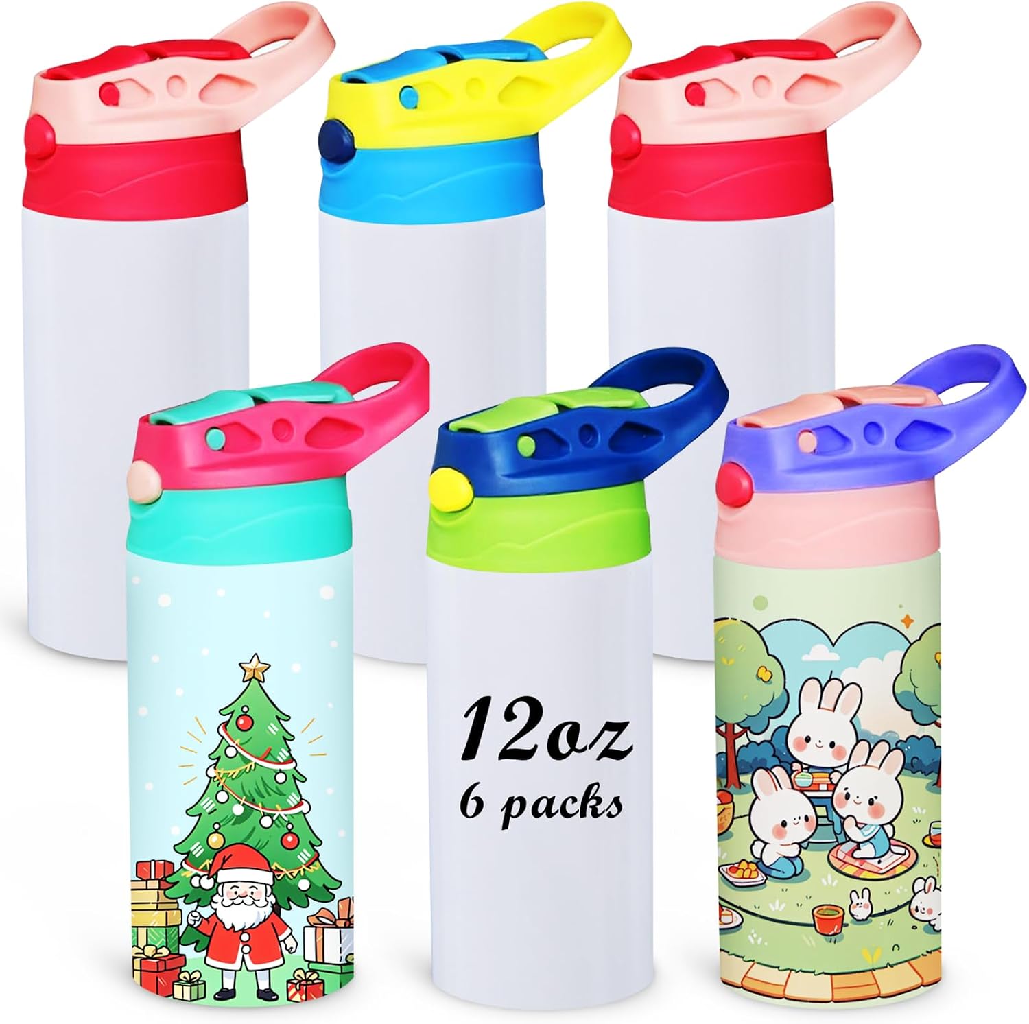6 Pack Kids Sublimation Tumbler with Lid and Straw 12 oz Kids Sublimations Water Bottles Stainless Steel Sublimation Cups for DIY Insulated Tumbler Heat Press Print