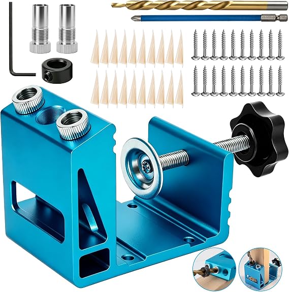 Pocket Hole Jig Kit with Drill Guide Joint 15 Degree Woodworking Inclined Hole Angle Tool Dowel Drill Pocket Joinery Screw Set Kit Adjustable Drill Jig Guides Joint Carpentry Locator Woodworking Tool