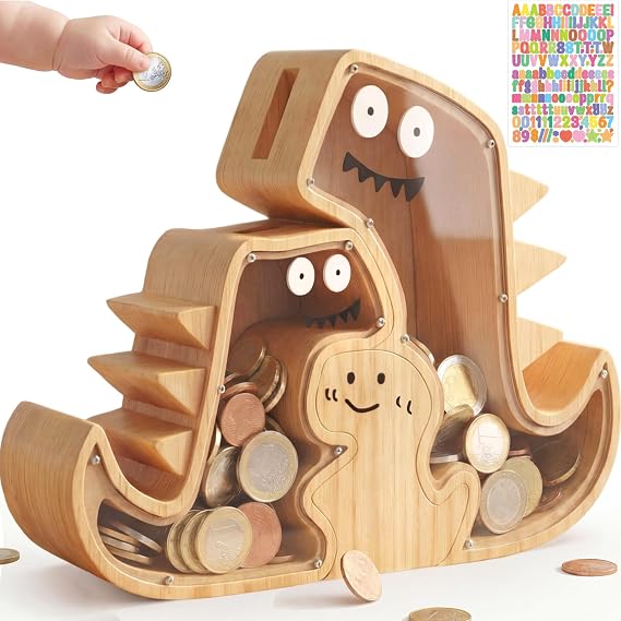 Upgraded Piggy Bank for Kids set, 3 Piece Wooden Dinosaur Piggy Bank for Boys & Girls 3-in-1 Wood Dino Money Bank for Toddlers Creative Money Saving Box Gifts for Children Birthday Festival Gift Ideas