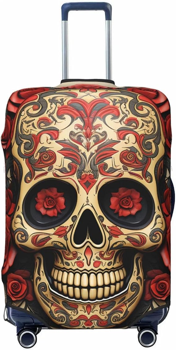 Red Rose Sugar Skull Print Luggage Cover Dustproof Suitcase Cover Elastic Travel Luggage Protector Suitcase Protector Luggage Sleeves Fit 18-32 Inch