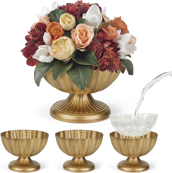 9" Wide 6.5'' High Vintage Gold Compote Pedestal Vases for Centerpieces | Textured Gold Metal Pedestal Bowl, Stable Base for Floral, Event & Home Decor