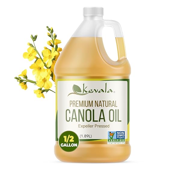 Kevala Canola Oil - 1/2 gal, 64 fl oz, Premium Natural Cooking Oil, Pure | Baking Oil with Smooth Texture and Light Flavor, Delicate Base for Salad Dressing and Dips, No Pesticides, No Preservatives