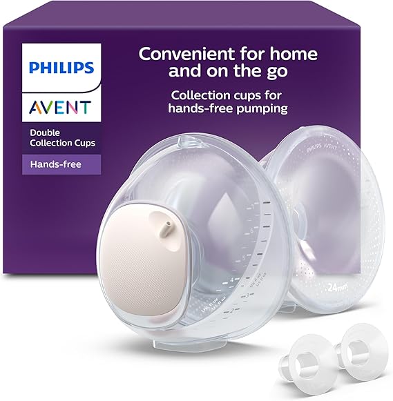 Philips Avent Hands-Free Double Collection Cups, Ultra-Light & Transparent Collection Cups for Electric Breast Pump, 4 Breast Shields (2X 21mm, 2x24mm), 2X 19mm Shield Inserts, Sizing Card, SCF439/01