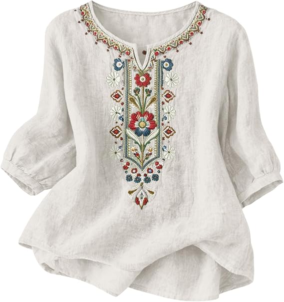 Linen Tops for Women Boho Embroidered Cotton Linen Shirts Gauze Peasant Tunic Blouse 2026 Summer Trendy