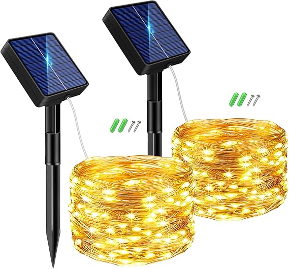 btfarm 2 Pack Solar String Lights Outdoor Garden, Total 12M 120 LED Fairy Lights Solar Powered 8 Modes, Copper Wire Solar Lights for Decorating Garden, Yard, Tree, Christmas, Warm White [Energy Class E]