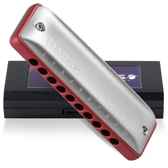 KONGSHENG Mars 10 Hole Red Diatonic Harmonica,Blues Harp,Mouth Oragn Key of High G,Gifts for Beginners,Adults and Professional