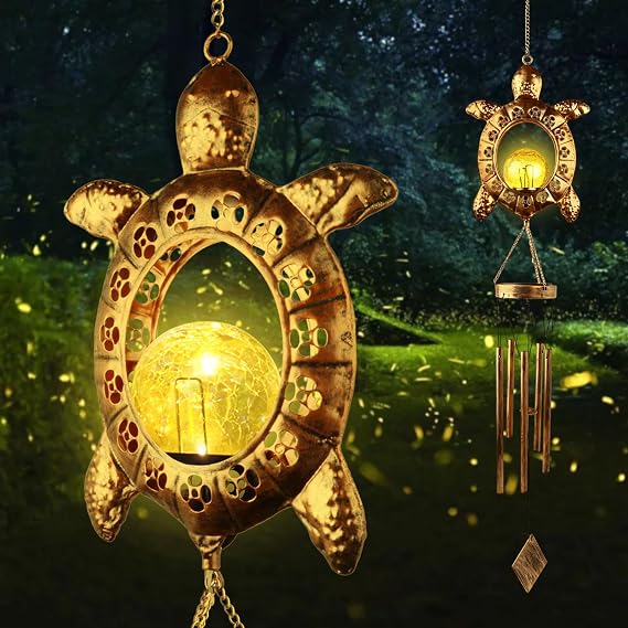Sea Turtle Solar Lights Outdoor Decor Crackle Glass Ball Solar Turtle Wind Chimes for Outside Unique Gifts for Women Birthday Gardening Gift Housewarming Ornament for Patio Yard Garden Decor