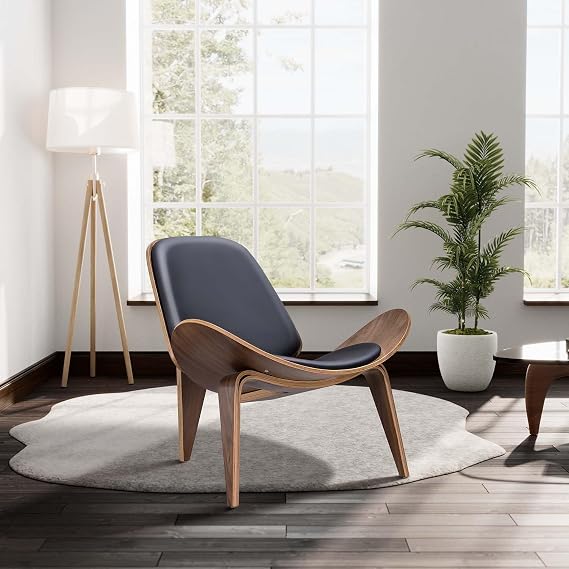 Mid Century Modern Shell Lounge Chair, PU Leather, Tripod Plywood Classic Design Solid Wood Accent Chairs for Living Room, Reading, Lounge, Office, Salon