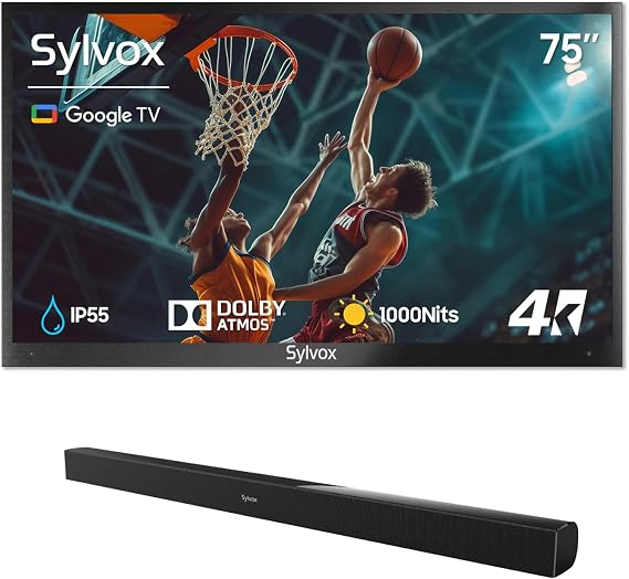 SYLVOX 75" Outdoor TV + S2 Soundbar Bundle, 4K HDR Waterproof Smart TV (Deck Pro 3.0) with 60W Outdoor Soundbar, Bluetooth, 1000 Nits, Voice Remote, for Patio & Backyard