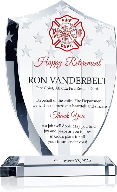 Personalized Crystal Shield Firefighter Retirement Award Plaque Custom Engraved with Maltese Cross, Retirees Name, Title & Department Unique Gift for Fire Chief, Fireman & First Responders (M-7.5")