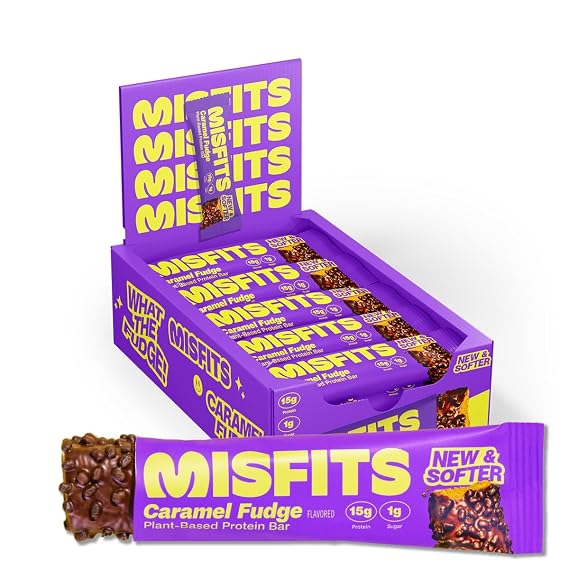 Misfits Vegan Protein Bars, Caramel Fudge - Updated Recipe | Plant Based, Low Sugar & Carb, High Fiber Snacks | Pack of 15