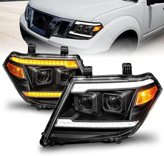 AmeriLite for 2009-2020 Nissan Frontier Pickup Truck LED DRL Tube Switchback Sequential Signal Black Projector Headlights Set - Passenger and Driver Side