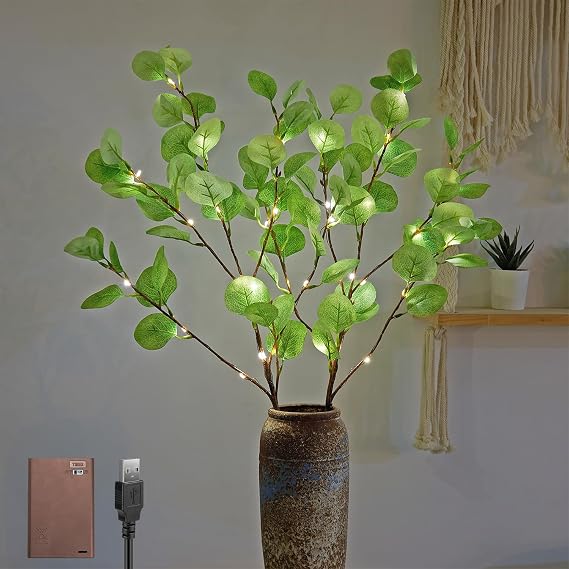 Lightshare 30IN Lighted Eucalyptus Branches 38LED with Timer Battery Operated Lit Artificial Twig for Wedding Holiday Party Christmas Home Decoration, Light Green