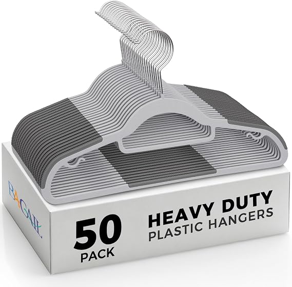 Heavy Duty Standard Plastic Hangers 50 Pack with Non-Slip Design,360Swivel Hook Space Saving Organizer for Bedroom Closet,Shirts,Pants,Strong Enough for Coat(Grey)