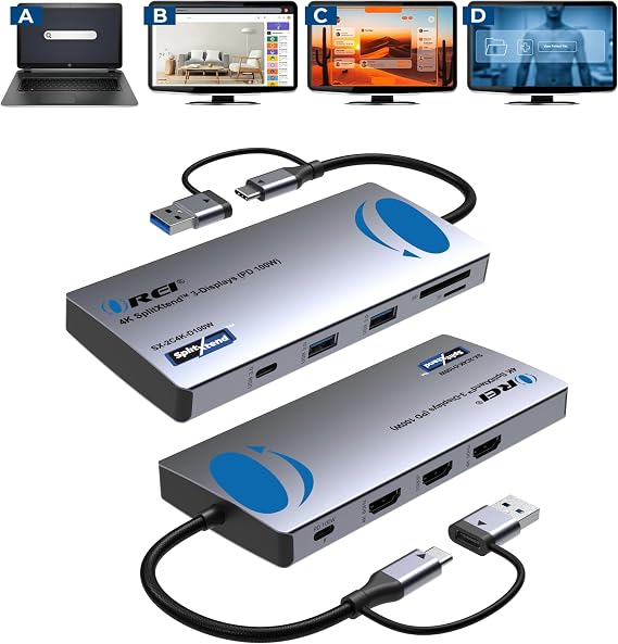 OREI SplitXtend USB C Docking Station Triple Monitor with 3xHDMI Ports, Thunderbolt 4 Dock, HDMI DisplayPort Hub, Dual Monitor HDMI Adapter Extend, USB C Splitter, 100W PD, SD Card Reader, 4K Output | Thunderbolt 4 Dock, HDMI DisplayPort Hub, Dual Monitor HDMI Adapter Extend, USB C Splitter, 100W PD, SD Card Reader