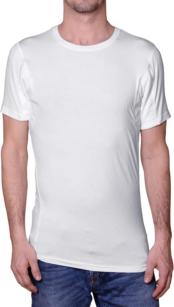 Sweatproof Undershirt for Men, Crew Neck, White, Sweat Pads
