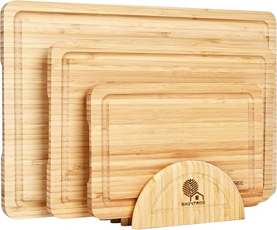 Bamboo Cutting Board Set with Holder, Cutting Board Set of 3 with Handle, Juice Groove, Chopping Board for Meat, Vegetables, Fruits