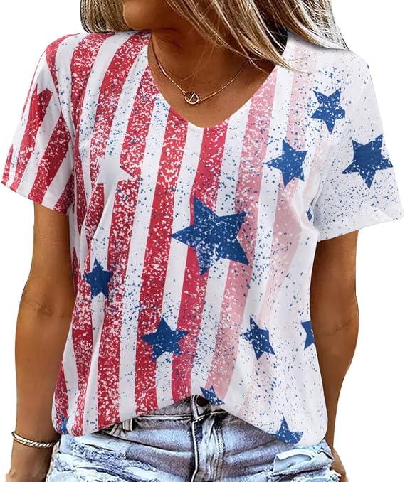 American Flag T Shirt Women USA Star Stripes Fourth July Tee Shirts Casual America Flag Print V Neck Tee Tops