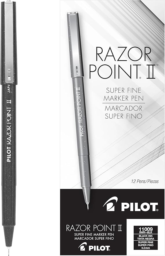 PILOT Razor Point II Fine Line Marker Stick Pens, Point (0.2mm) Black Ink, 12-Pack (11009)