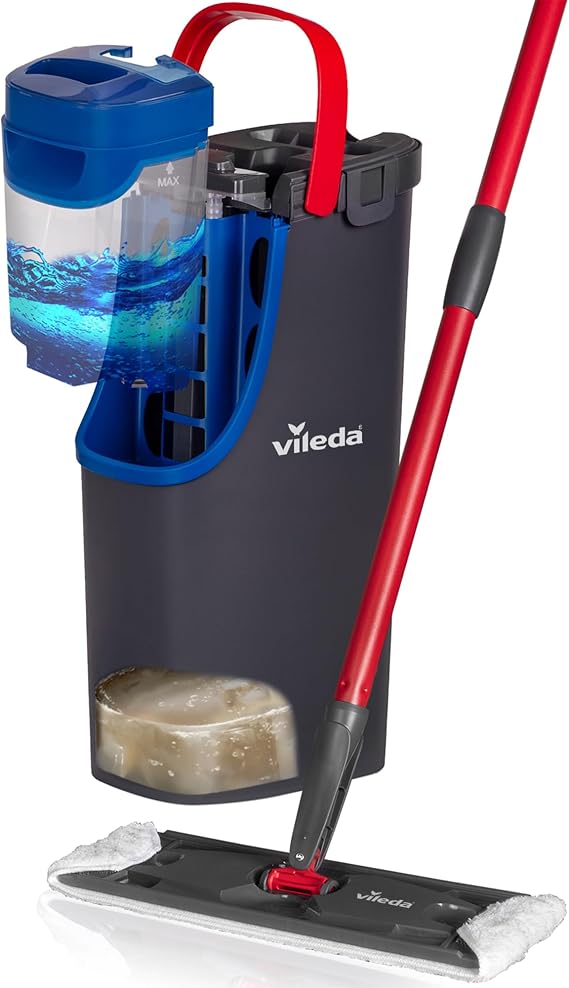 Vileda H2PrO Flat Mop & Bucket Set 100% Separate Clean and Dirty Water | Mop with Clean Water, Compact Storage, White Microfibre Refill, Hygienic Cleaning System, Frustration-Free Packaging