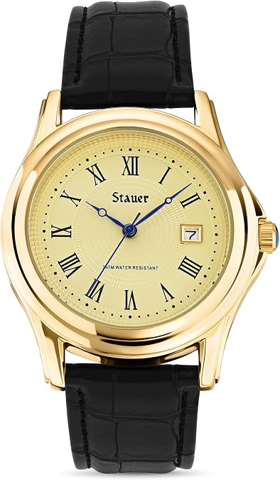 Stauer Metropolitan Watch for Men Mens Watches w/Genuine Black Leather Band & Gold Finished Case Water Resistant Watches Stylish Gifts for Men