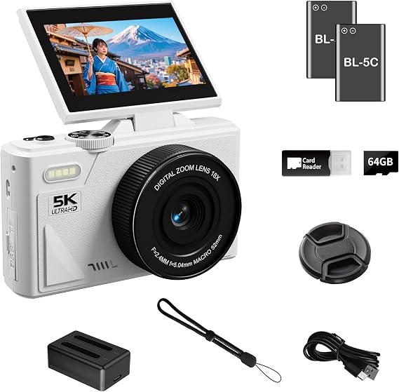 5K Digital Camera with WiFi, 75 Million Pixels, Autofocus, 3-Inch, 180° Rotating Screen, Vlog Camera, 18x Digital Zoom, Lightweight, Compact Camera, 64GB SD Card, Includes 2 Lithium Ion Batteries