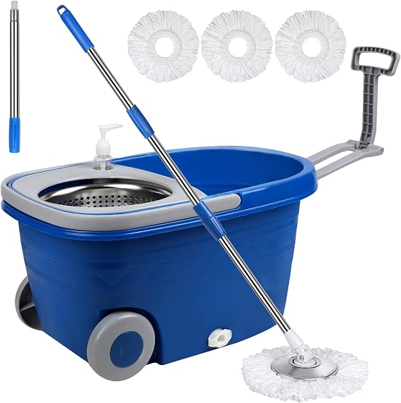 Mop and Bucket with Wringer Set 25QT,Stainless Steel Deluxe 360 Spinning Mop Bucket Floor Cleaning System with 3 Microfiber Replacement Head Refills, 2X Wheel for Home Cleaning with Drain Plug