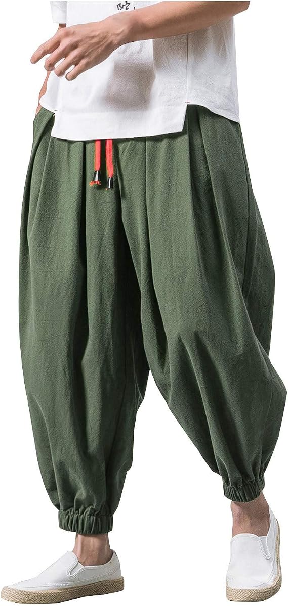 Harem Pants for Mens, Cotton Linen Baggy Hippie Wide Leg Elastic Waist Beam Joggers Pant Loose Capri Pants Sports Suits Workout Gym Fitness Slim Fit Muscle Exercise Active Bib Snowboard